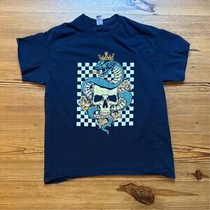 Dark blue king cobra and skull checkered short sleeve cotton shirt SIZE‎ L
